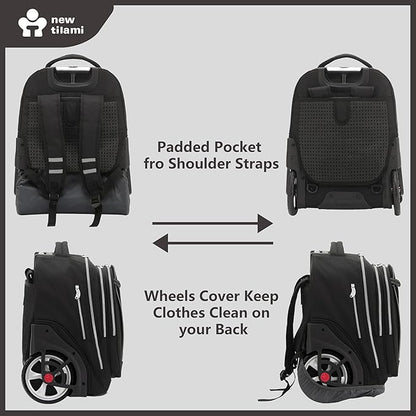 NEW TILAMI 20" Rolling Backpack for Teens Adults, Climbing Stairs Waterproof Backpack with Wheels for School Business Trave Camping with Laptop Compartment, Fit 17 Inch Laptop, Black