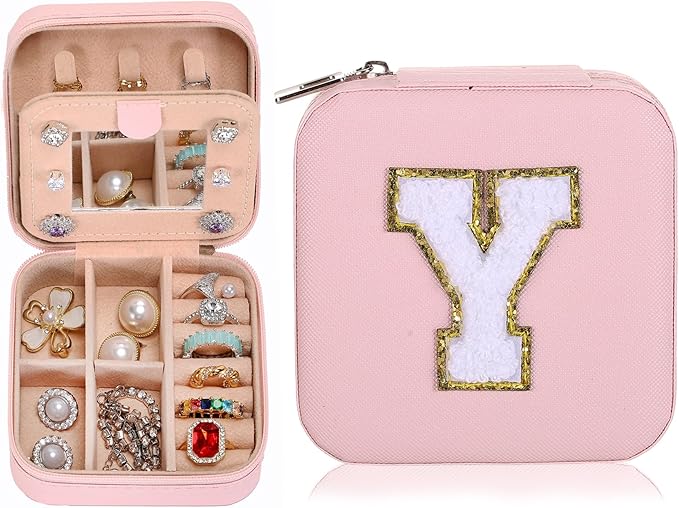 Small Jewelry Box Travel Jewelry Case Jewelry Holder Organizer,Travel Essentials Box Jewelry Organizer,Personalized Birthday Gifts for Teen Girls Women Initial Y, pink