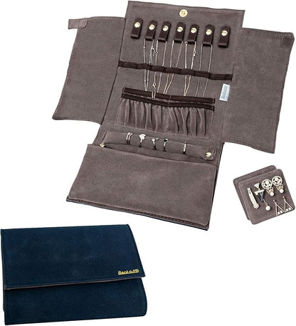 Becko US Jewelry Organizer Roll Travel Jewel Bag case for Multiple Necklaces, Rings, Bracelets, Supple Leather & Suede, Large Capacity Without Crease, Lightweight, Portable & Practical (Dark Blue)