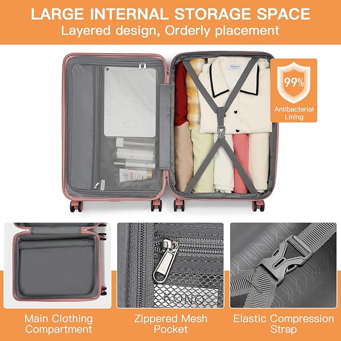 Kono Lightweight 24 Inch Expandable Luggage with Quiet Spinner Wheels TSA Lock, Scratch and Drop Resistant PC+ABS Hardside Durable Medium Checked Suitcase, Nude/Rose Gold