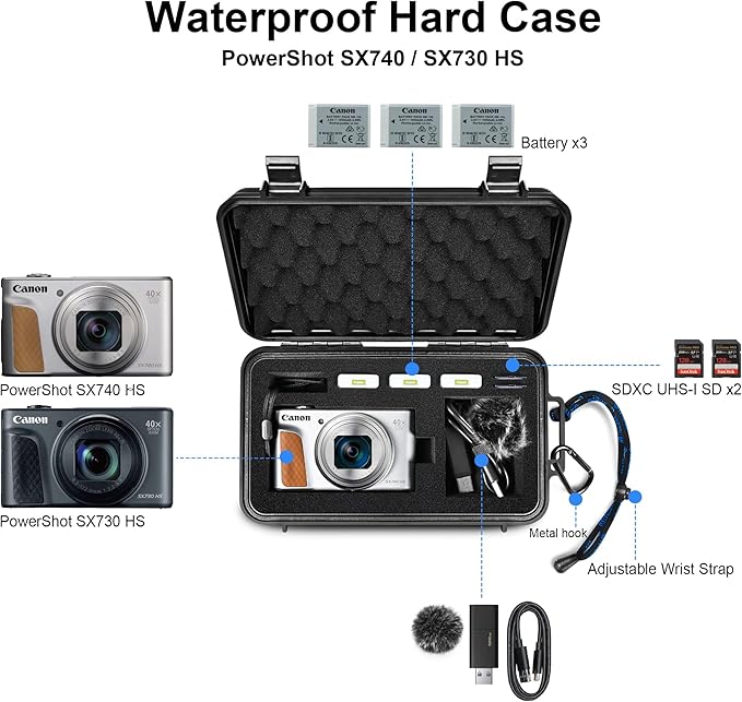 Lekufee Travel Waterproof Hard Case for Canon Powershot SX740 / SX730 / SX720 HS Digital Camera, NB-13L Battery, and Accessories - Black(Bag & Case Only)