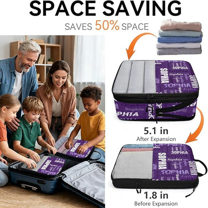 Personalized 6 Set Compression Packing Cubes for Travel Essentials with Name Customized Lightweight Carry on Expandable Luggage Organizer Bags for Women and Men, Purple