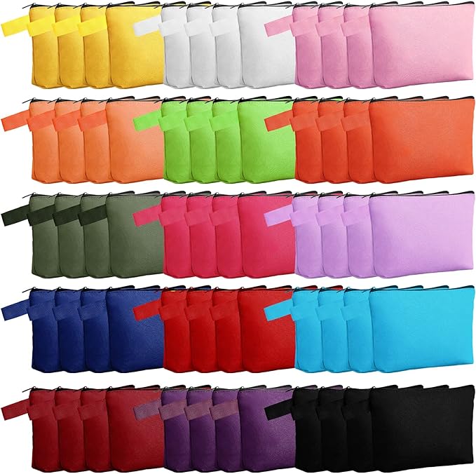 Reginary 60 Pieces Canvas Makeup Bags Bulk Cute Travel Cosmetic Pouch Multipurpose Blank Small Toiletry Bag DIY with Zipper for Women Teens Operation Christmas Gifts Items, 15 Colors(8.6 x 5 x 2 Inch)