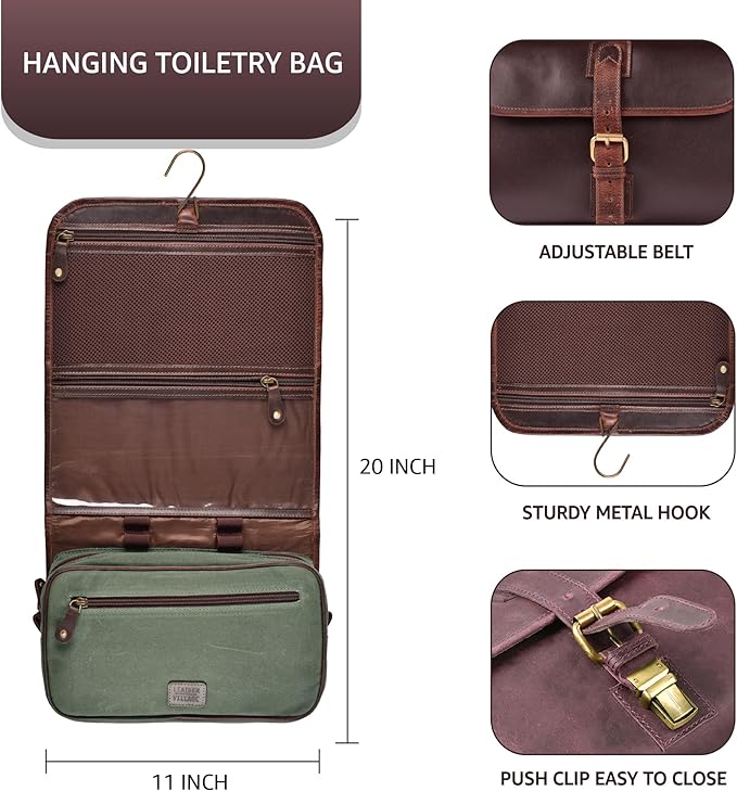LEATHER VILLAGE Hanging Leather Toiletry Bag for Men – Handcrafted Vintage Premium Travel Dopp Kit with Waterproof Lining, Shaving Organizer and Shower Bathroom Essentials Case - Cherry