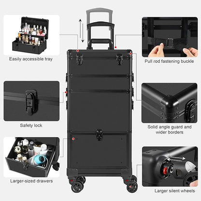 Makeup Train Case with Drawer, Rolling Makeup Case, Cosmetology Case on Wheels, Gift, Travel Makeup Organizers, Profesional Cosmetic Case for Salon Barber,Nail,Tattoo, Black