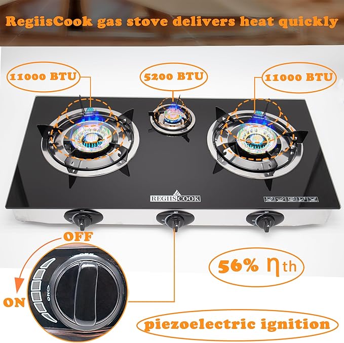 3 Burner Propane Gas Cooktop,Camping Portable LPG Gas Stove, Auto Ignition Tempered Glass Countertop Regulator Burner Grate