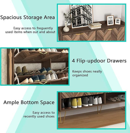 Vibe & Dine 4 Flip Drawer Shoe Cabinet, Mid Century Modern Shoe Organizer with Bottom Cubby, Hidden Shoe Cabinet with 2 Hooks, Freestanding Narrow Slim Shoe Rack Cabinet for Entryway, Foyer, Hallway
