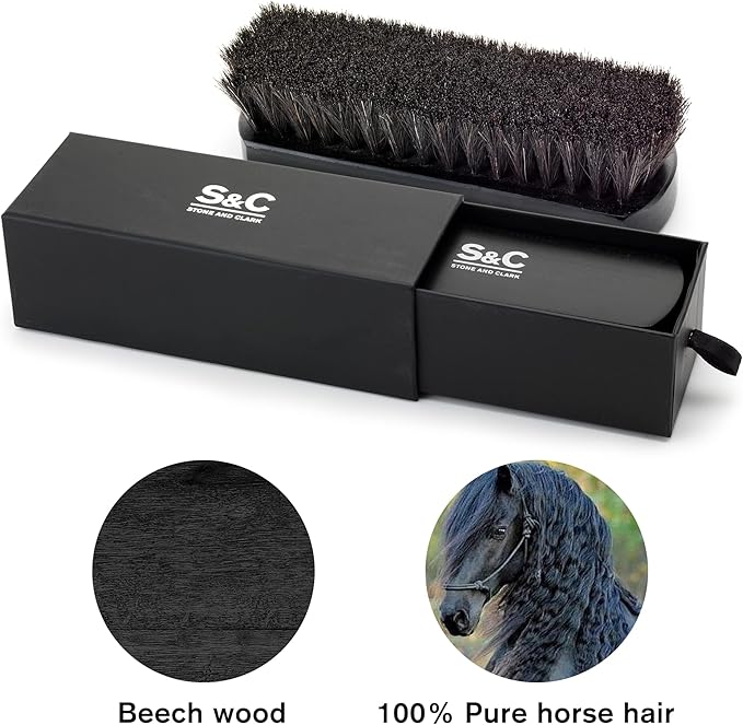 Premium Horsehair Shoe Polish Brush – Handcrafted Beechwood Shoe Brush for Shine and Buffing – Luxurious Shoe Shine Brush with Soft Horsehair Bristles (Black)