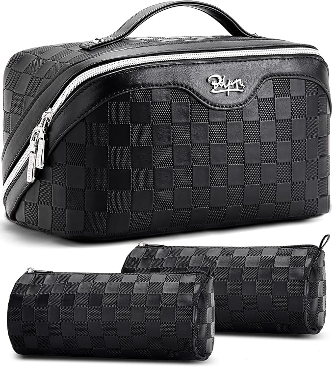 BOYATU Travel Makeup Bag Organizer Cosmetic Bag: 3 Pcs Set Make up Bags for Women with Handle - Waterproof Vegan Leather Toiletry Bags Travel Essentials Pouch with Compartments (01-Black)