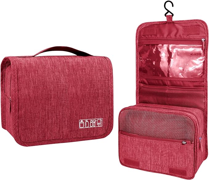Large Capacity Toiletry Bag Travel Bag with Hanging Hook for Men and Women Waterproof Travel Cosmetic Bag Bathroom Storage Bag for Brushes Set, Full-Sized Shampoo, Toiletries, (Wine Red)