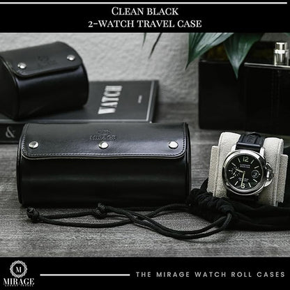 2 Watches Travel Case for Men - Mirage Watch Roll - Jade Black/Ivory White Vegan Leather