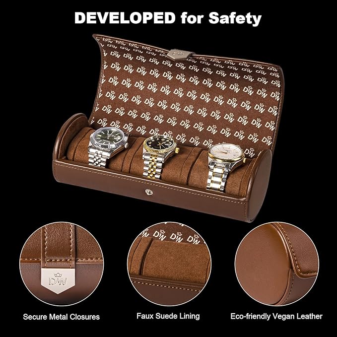 DUKWIN Watch Roll for 3 Watches, Vegan Leather Travel Watch Case Organizer with Removable Pillows for Men and Women,Display Case for Watches Collection and Gift for Anniversary Birthday(Brown Storage)