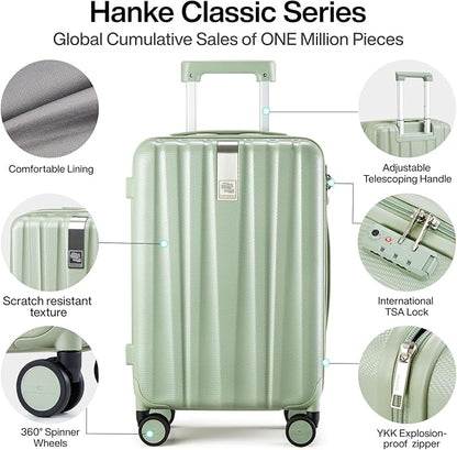 Hanke 20 Inch Carry On Luggage 22x14x9 Airline Approved Lightweight PC Hard Shell Suitcases with Wheels Travel Luggage Rolling Suitcase Travel Luggage Bag for Weekender(Bamboo Green)