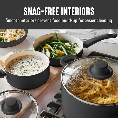 GreenLife 16 Piece Nonstick Cookware Set, Soft Grip Non-Toxic PFAS-Free Ceramic Pots & Pans, Dishwasher & Oven Safe, Frying, Sauce, Utensils, Glass Lids, Stay-Cool Handles, Wobble Free, Black & Cream
