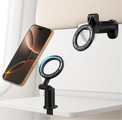 Universal 360° Magnetic Airplane Phone Holder Mount – Strong Clamp, Compatible with iPhone & All Smartphones, Hands-Free Viewing for Travel & Home Use