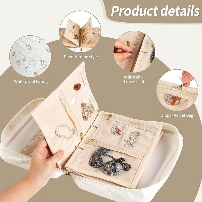 Travel Jewelry Organizer Case with Multiple Clear Zipper Pockets - Ring Binder Style Storage Bag for Necklaces, Earrings, Rings, Bracelets, Ideal for Gifts & Travel(beige)