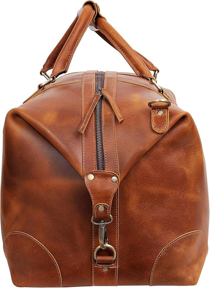 24 Inch Genuine Buffalo Leather Travel Duffle Bag, Overnight Weekend Leather Bag Sports Gym Duffel for Men, Airplane Under Seat Carry on Bags (Tan)