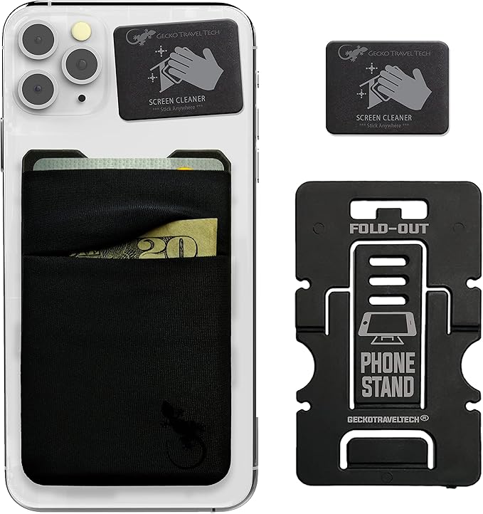 Double Pocket Gecko Phone Wallet - Adhesive Card Holder - Cell Phone Pouch - Stick on Spandex Pocket by Gecko - Carry Credit Cards and Cash – (BLACK-BLACK)