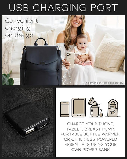 MIA + SOPHIA Leather Diaper Bag Backpack with USB Charging port, Changing Pad, Stroller Straps, and Bottle Holder (Black Olivia)