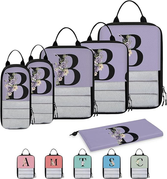 Custom Name 6 Set Compression Packing Cubes for Travel Accessories Customized Expandable Packing Organizers Personalized Carry On Essentials Luggage Bags, Lavender