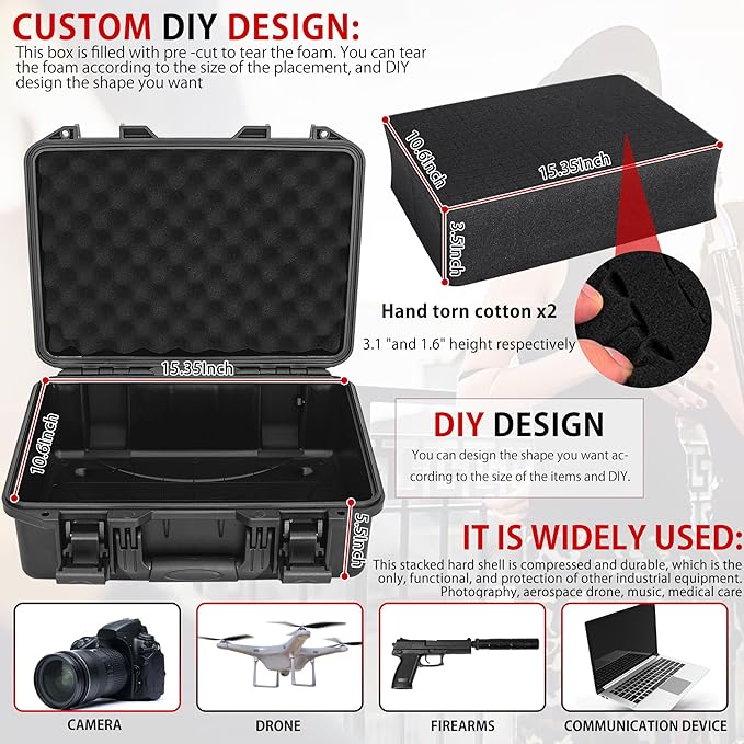 Hard Case with IP67 Waterproof Shockproof Tool Box for Microphone, Drones, Camera, Equipments, Portable Storage Case, 16.5 x13 x 7 Inch