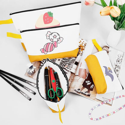 10 Pieces Cotton Canvas Makeup Bag with Bottom and Strap, Multi-Purpose Cosmetic Bag with Zipper Travel Toiletry Pouch, Blank DIY Craft Bag (White&Yellow, XS)