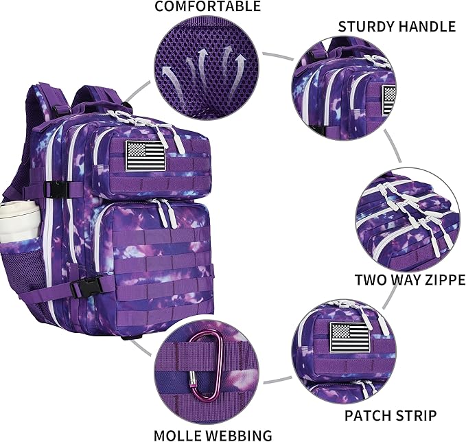 25L Tactical Backpack Military Tactical Backpack for Men and Women Small Assault Pack Outdoor Travel Hiking Camping Rucksack with Molle Webbing (Purple Camo)