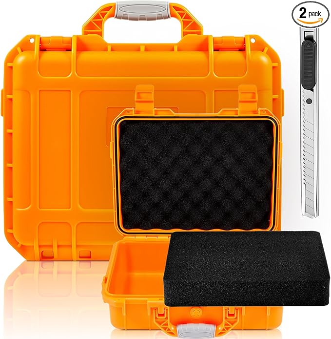 1 Pcs 14.3 x 11.4 x 4.5 Inch Waterproof Hard Case with DIY Customizable Foam Insert Portable Protective Case with Knife for Camera Drones Equipments Tools Test Instruments (Orange)