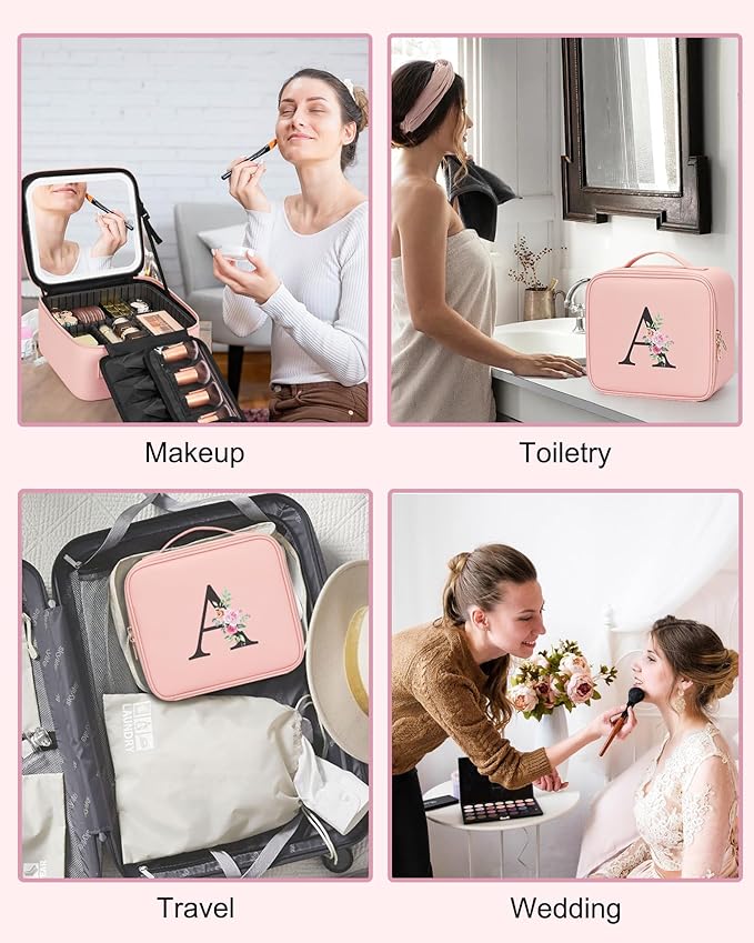 Relavel Initial Makeup Bag with LED Mirror for Women Girls, Personalized Travel Cosmetic Organizer Train Case, Birthday Gifts for Grandkids Bridesmaid Graduation Teacher Friends, Trendy Stuff, Pink B