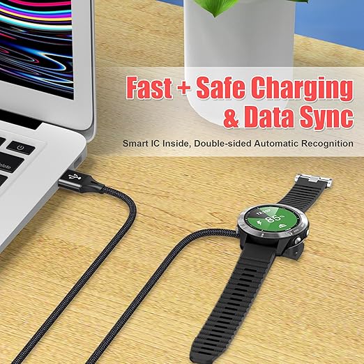 AGVEE 6.6ft Charger for Garmin Watch, L-Shape Charging Cable for Fenix, Forerunner, Vivoactive, Instinct, Venu, Tactix, Approach, D2, Quatix Series, Right Angle Braided, Black