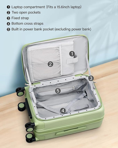 Hanke 20 Inch Expandable Carry On Luggage Airline Approved Top Opening Travel Luggage Rolling Suitcase with Cup Holder Hard Shell Suitcases with Wheels (Bamboo Green)
