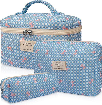 3PC Makeup Bag Set, Cute Cosmetic Bag for Women Girls, Floral Coquette Aesthetic Toiletry Bag, Travel Make Up Organizer Bag（Blue Check）
