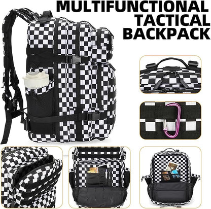 25L Tactical Military Backpack Small Travel Rucksack for Men and Women Assault Pack Bug Out Bag Molle Daypack Gym Backpack with Bottle Holder (Black White Checkered)