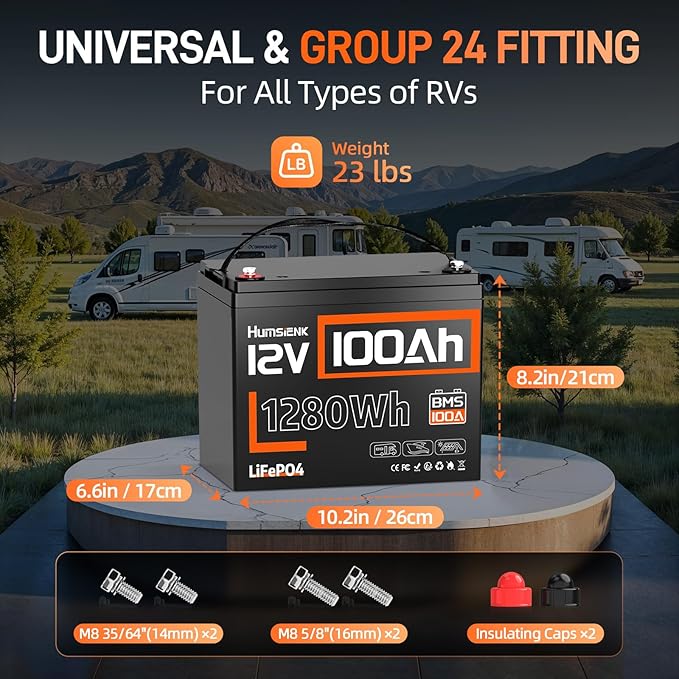 HumsiENK 12V 100Ah LiFePO4 Battery Lithium Built In 100A Smart BMS Portable Group 24 Size Lithium 1280Wh Battery 15000 Deep Cycles 10 Years Lifespan for RV Solar Energy Off Grid Trolling Motor (4PACK)