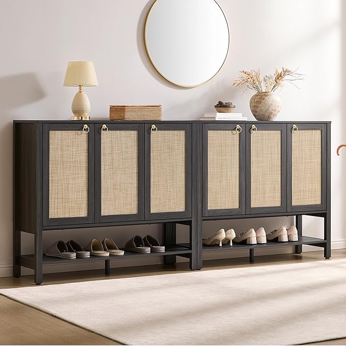 SICOTAS Farmhouse Shoe Cabinet with Storage - 2 Pieces Large Rattan Shoe Organizer with Adjustable Shelves & 3 Doors, Boho Shoe Rack Cabinet for Entryway, Hallway, Living Room (Obsidian)