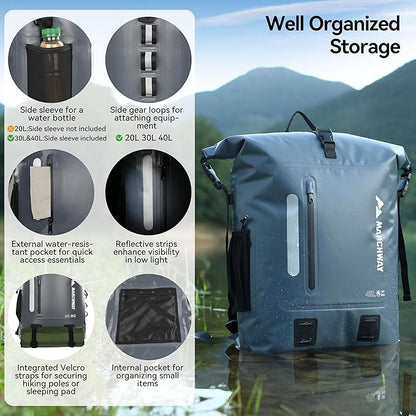 MARCHWAY Roll Top Waterproof Backpack, Floating Dry Bag 20L/30L/45L with Ergonomic Rectangular Base, Cushioned Back, Hip Strap for Hiking Camping Kayaking Travel (Grey, 30L)