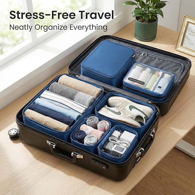 Compression Packing Cubes for Travel, 6-Piece Set (L/M/S), Double-Zip Luggage Organizers with Mesh Panels, Space-Saving Clothes Storage Bags for Suitcase & Carry-On (6 Pack, Dark Blue)