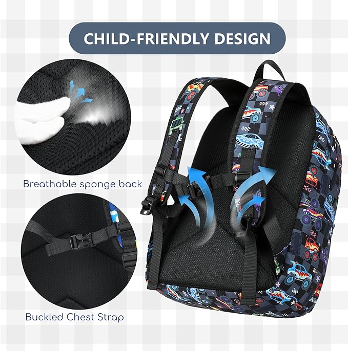 CAMTOP Backpack for Kids, Boys Girls Preschool Backpacks with Lunch Box Toddler Kindergarten School Bookbag Set (Vehicle Black Check)