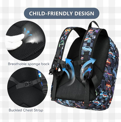 CAMTOP Backpack for Kids, Boys Girls Preschool Backpacks with Lunch Box Toddler Kindergarten School Bookbag Set (Vehicle Black Check)
