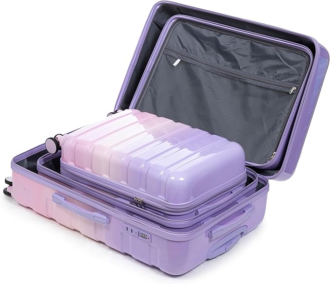 Campfun 3 Piece Luggage Sets, PC Gradient Color Suitcase Set with Double Spinner Wheels, Durable Carry On Luggage with Combination Lock, 20/24/28 inch, Purple+Pink