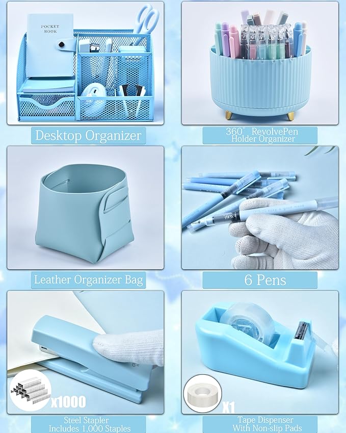 Blue Desk Organizers and Accessories With Mesh Desk Organizer and 360°Rotating Pen Holder and a Lot of Office Blue Office Supplies Beautifully Presented in a Gift Box Christmas Gifts