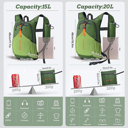 15L Small Hiking Backpack for Men Women Foldable Packable Back Pack Ultralight Hiking Daypack for Travel Camping Outdoor, Olive Green