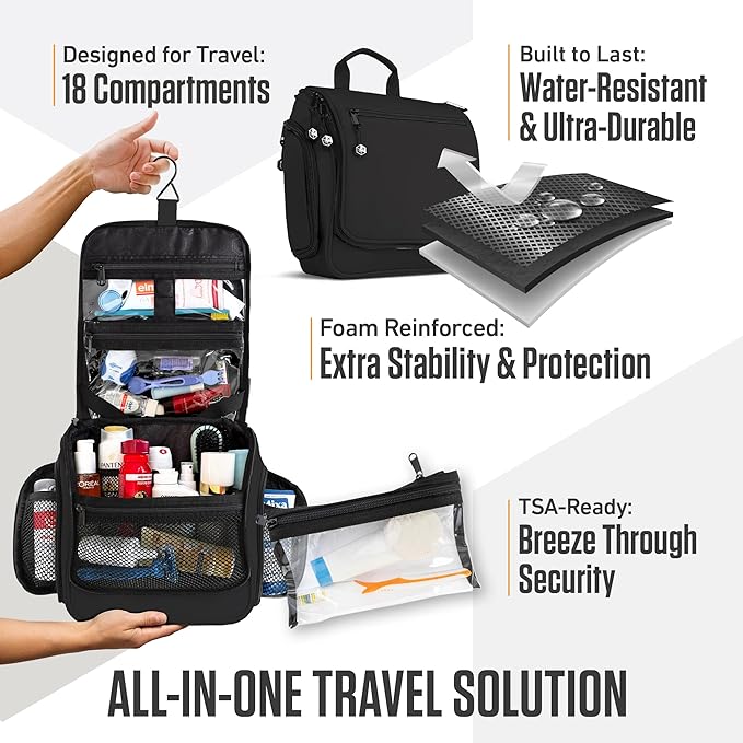 VENTURE 4TH Hanging Travel Toiletry Bag for Women & Men – Large Toiletry Organizer with 18 Compartments, Removable TSA Pouch, Travel Wash Bag for Toiletries, Makeup & Shaving Kit (Black)