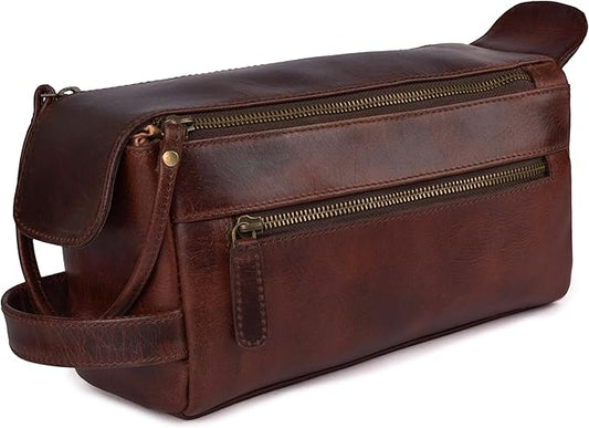 Genuine Leather Travel Toiletry Bag for Men & Women – Premium Water-Resistant Large Dopp Kit, Shaving Organizer & Bathroom Essentials Case - Cherry