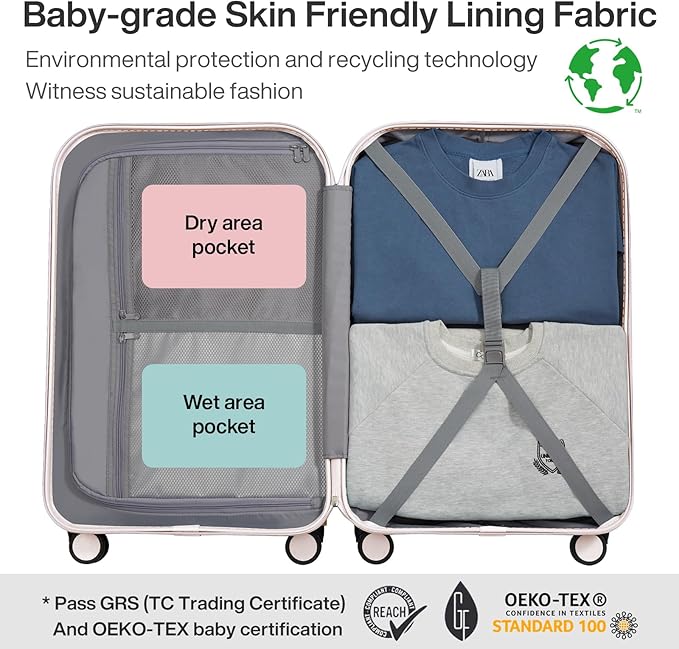 mixi Luggage Suitcase with Spinner Wheels, Hardside Rolling Suitcase PC with Cover & TSA Lock Lightweight Travel Case 24in Checked in, Off White（Slight Pink）