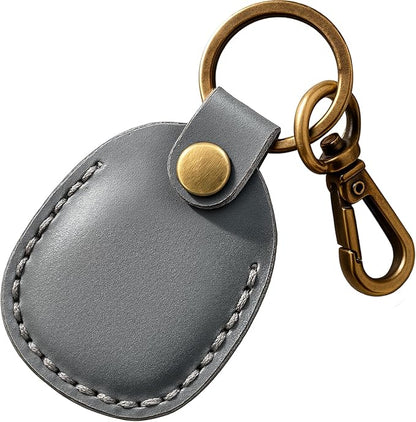 Genuine Leather Airtag Holder, Portable Air Tag Keychain with Key Rings Full Coverage Air Tags Hidden Case Cover Compatible for AirTags Grey