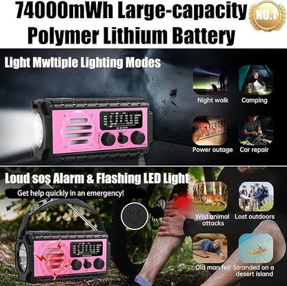 74000mWh Emergency Radio with NOAA Weather, Portable Hand Crank SW/AM/FM Survival Radio with Fast Charge Rechargeable Solar Battery, Flashlight, Reading Lamp,SOS Sirenor Home Outdoor(Pink)