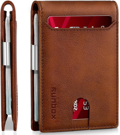 RUNBOX Money Clip Wallets for Men,Slim Leather Mens Bifold Wallet,RFID Blocking Front Pocket Wallet,Thin Credit Card Holder with Gift Box