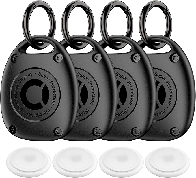 (4 Pack) for AirTag Keychain Holder Case | IPX8 Waterproof, Ultra-Compact | Portable for Air Tag Holder Cover for Backpack, Keys, Luggage - Black