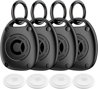 (4 Pack) for AirTag Keychain Holder Case | IPX8 Waterproof, Ultra-Compact | Portable for Air Tag Holder Cover for Backpack, Keys, Luggage - Black